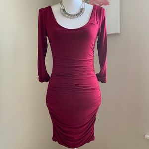Deep Red Ruched 3/4 Sleeve Fitted Mini Dress